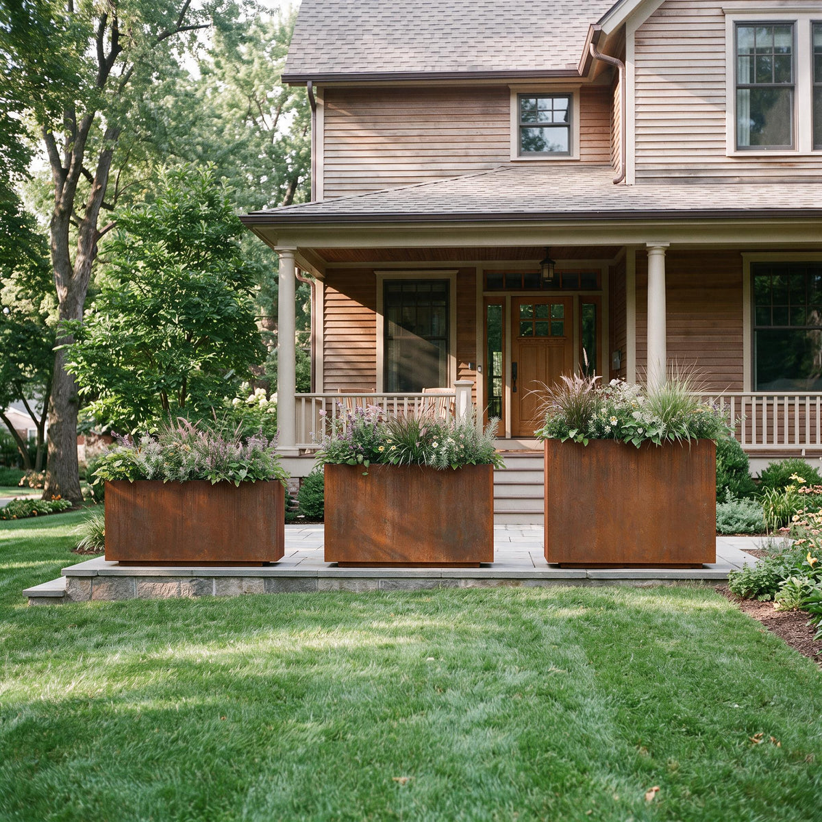 The Porch Trio – Graduated Corten Steel Rectangular Planters (Set of 3)