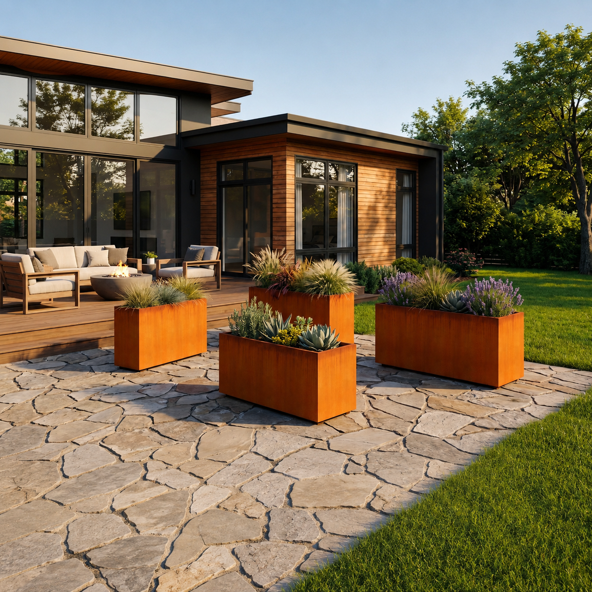 The Welcome Pair – Classic Corten Steel Rectangular Planters (Set of 2)