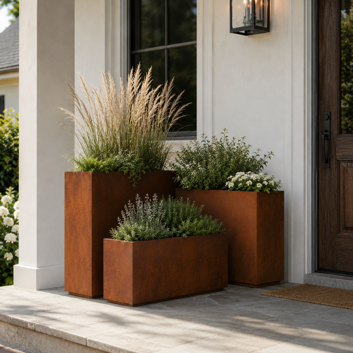 The Porch Trio – Graduated Corten Steel Rectangular Planters (Set of 3)
