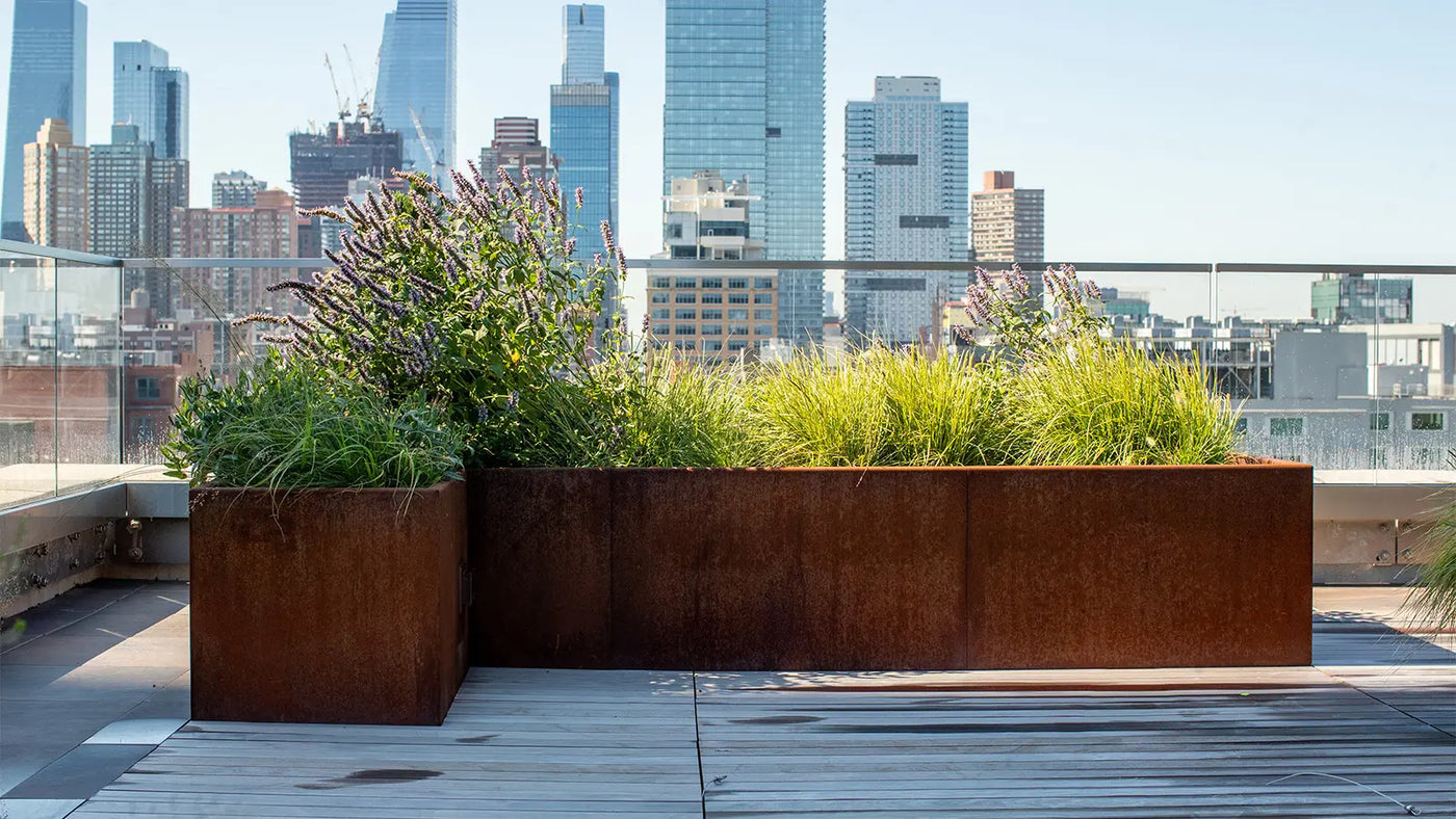 Urban rooftop garden with corten steel planters and city skyline in the background
