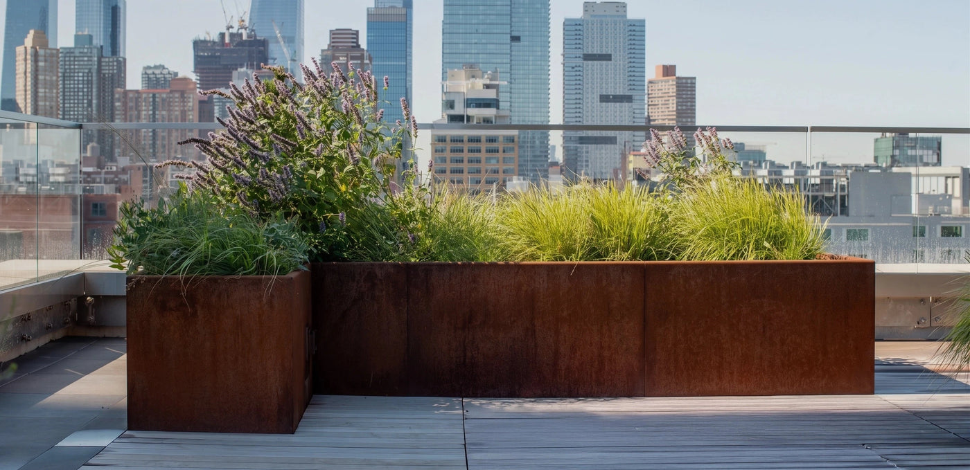 L-shaped Corten steel planter with ornamental grasses on a rooftop terrace overlooking the New York City skyline