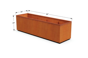 Corten steel rectangular planter — 84″ × 24″ × 24″