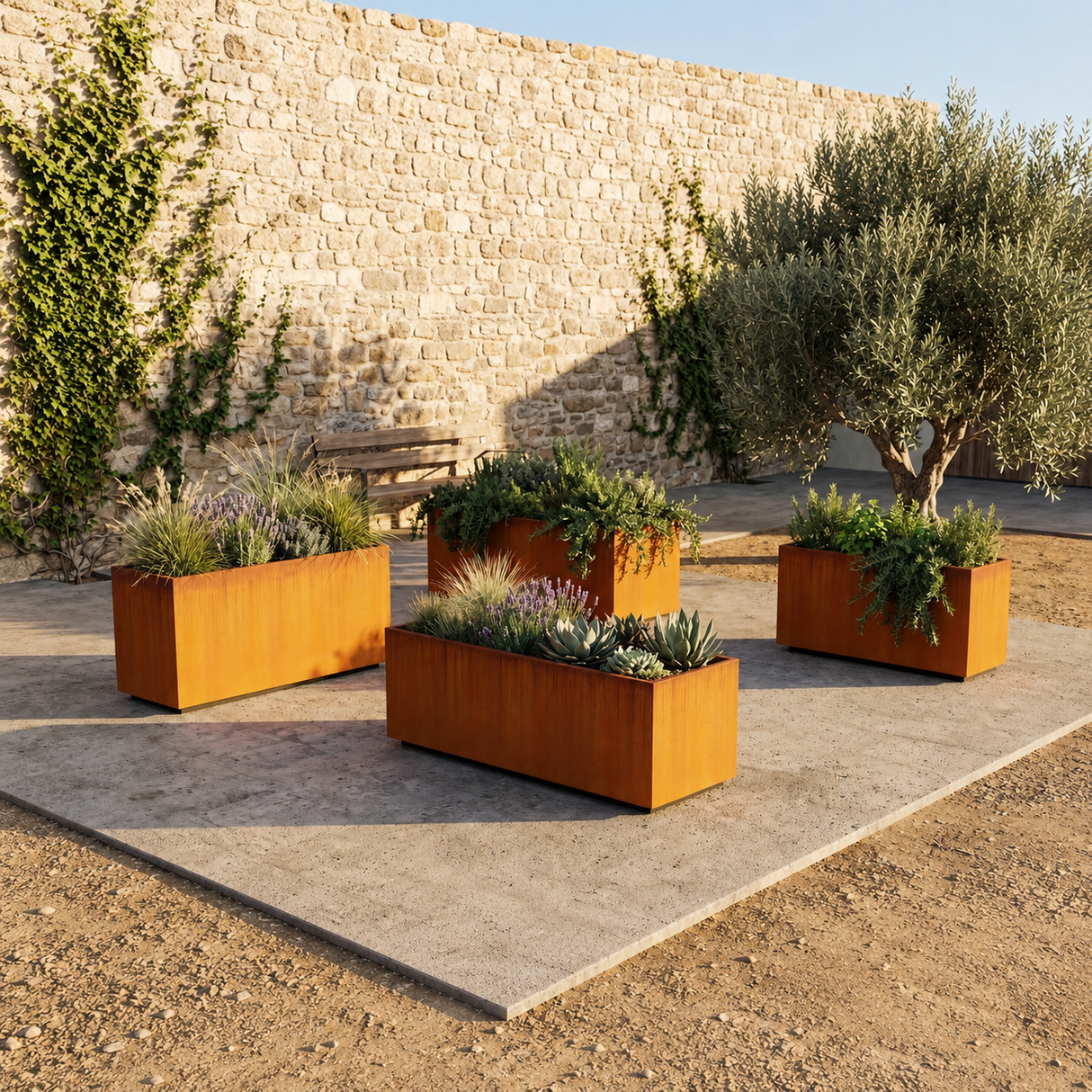 The Welcome Pair – Low Profile Corten Steel Rectangular Planters (Set of 2)
