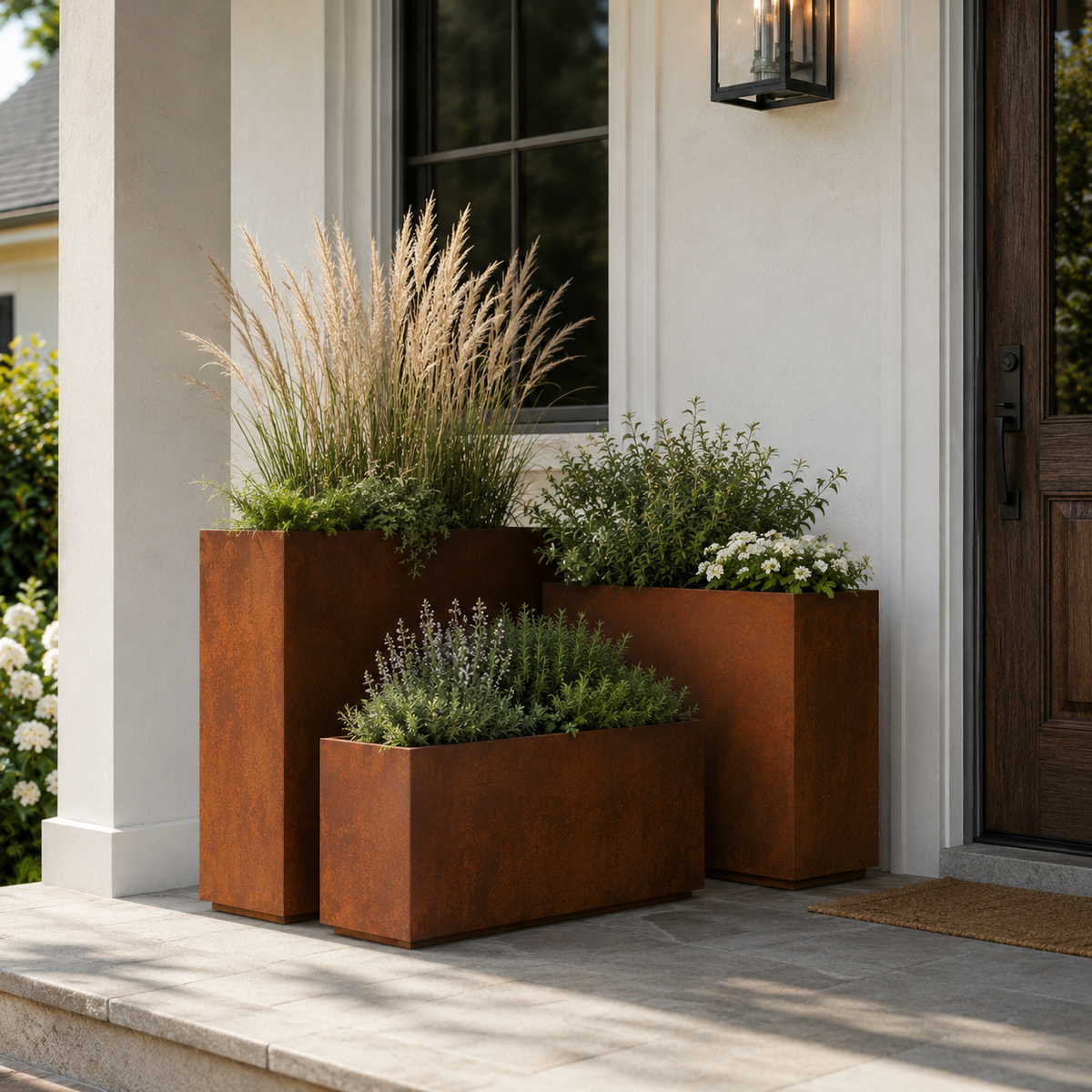 The Porch Trio – Graduated Corten Steel Rectangular Planters (Set of 3)