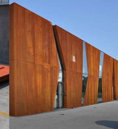Corten steel panels on a building.