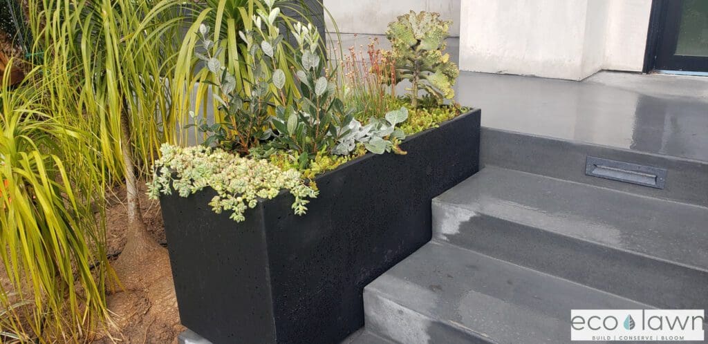 black steel planter beside stairs